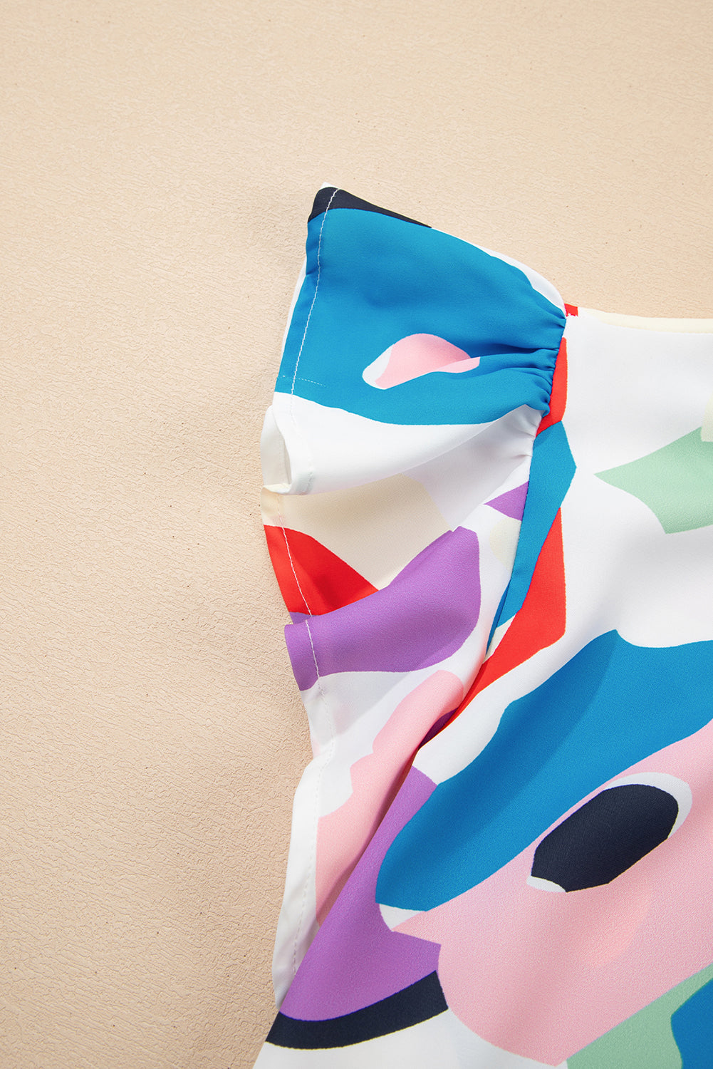 Multicolor Abstract Print Ruffle Sleeve Smocked Blouse