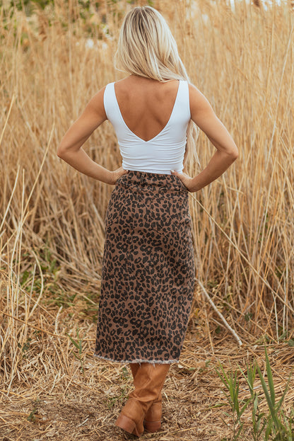 Brown Leopard Denim Frayed Split Denim Midi Skirt