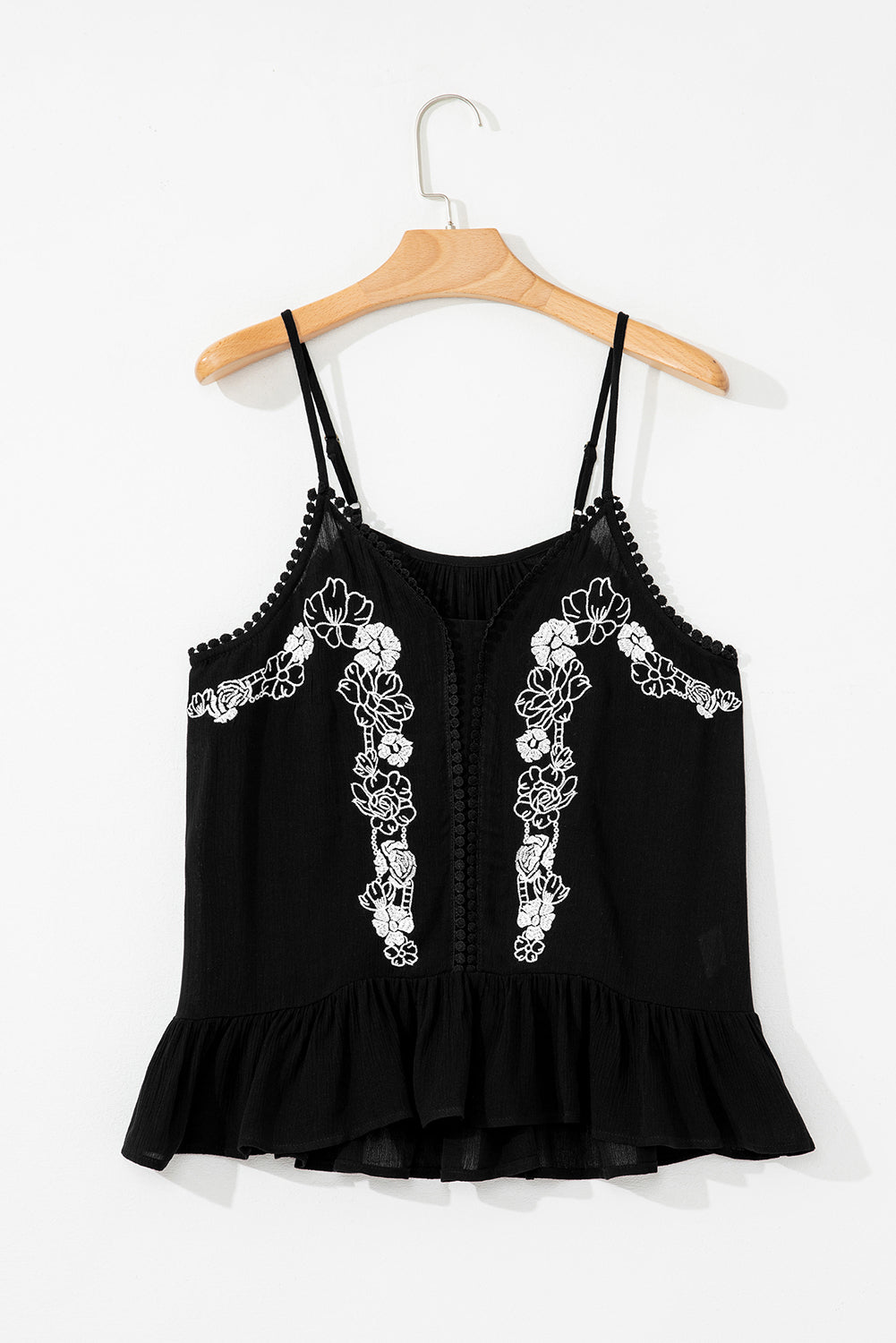 Black Floral Embroidery Ruffled Spaghetti Straps Tank Top