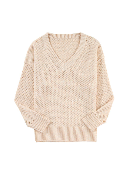 Parchment Loose Eyelet V Neck Drop Shoulder Sweater