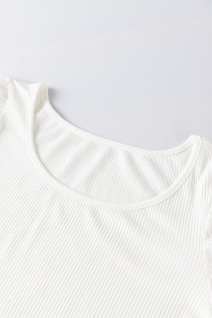 Black Plus Size Daisy Embroidered Puff Sleeve Ribbed Knit Top