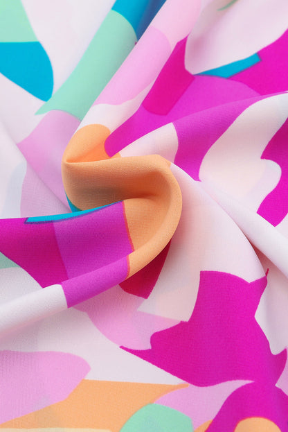 Blue Abstract Pattern Ruffle Short Sleeves Blouse