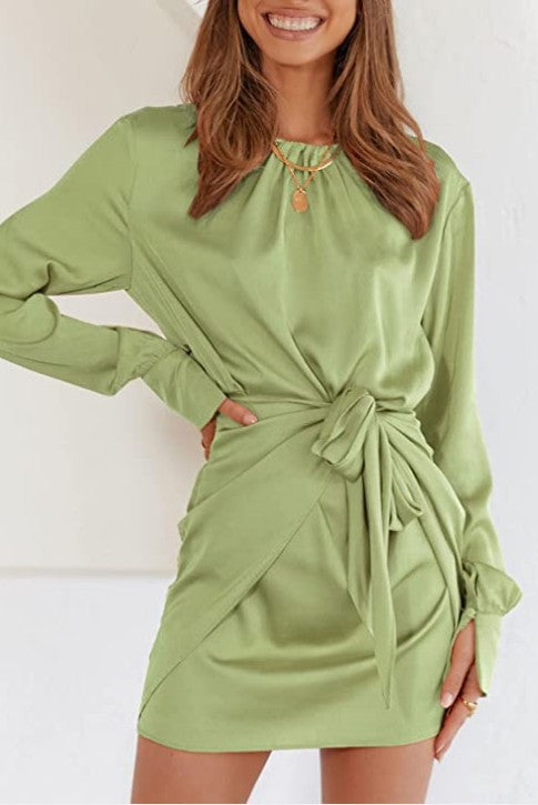 Women's Long Sleeve Round Neck Elastic Lace-up Satin Dress
