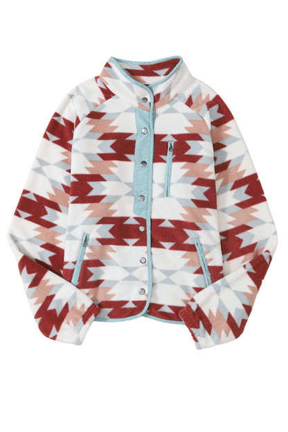Orange Western Aztec Buttoned Zipper Pockets Fleece Jacket