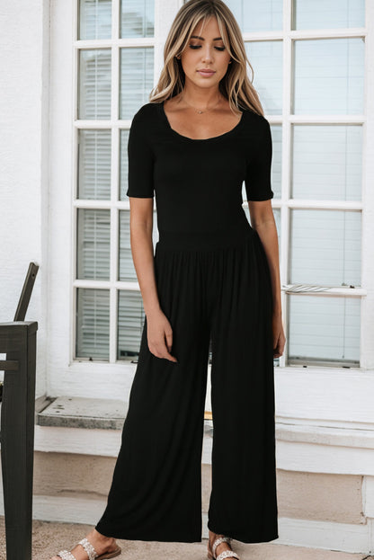 Black Short Sleeve Bodice Flowy Wide Leg Jumpsuit