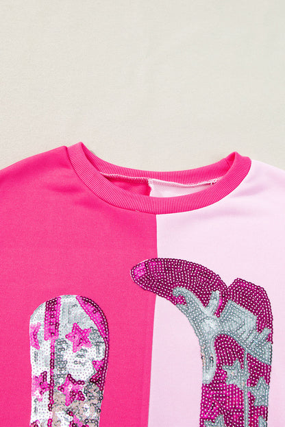 Pink Color Block Sequined Cowgirl Boots Graphic Sweatshirt I cease