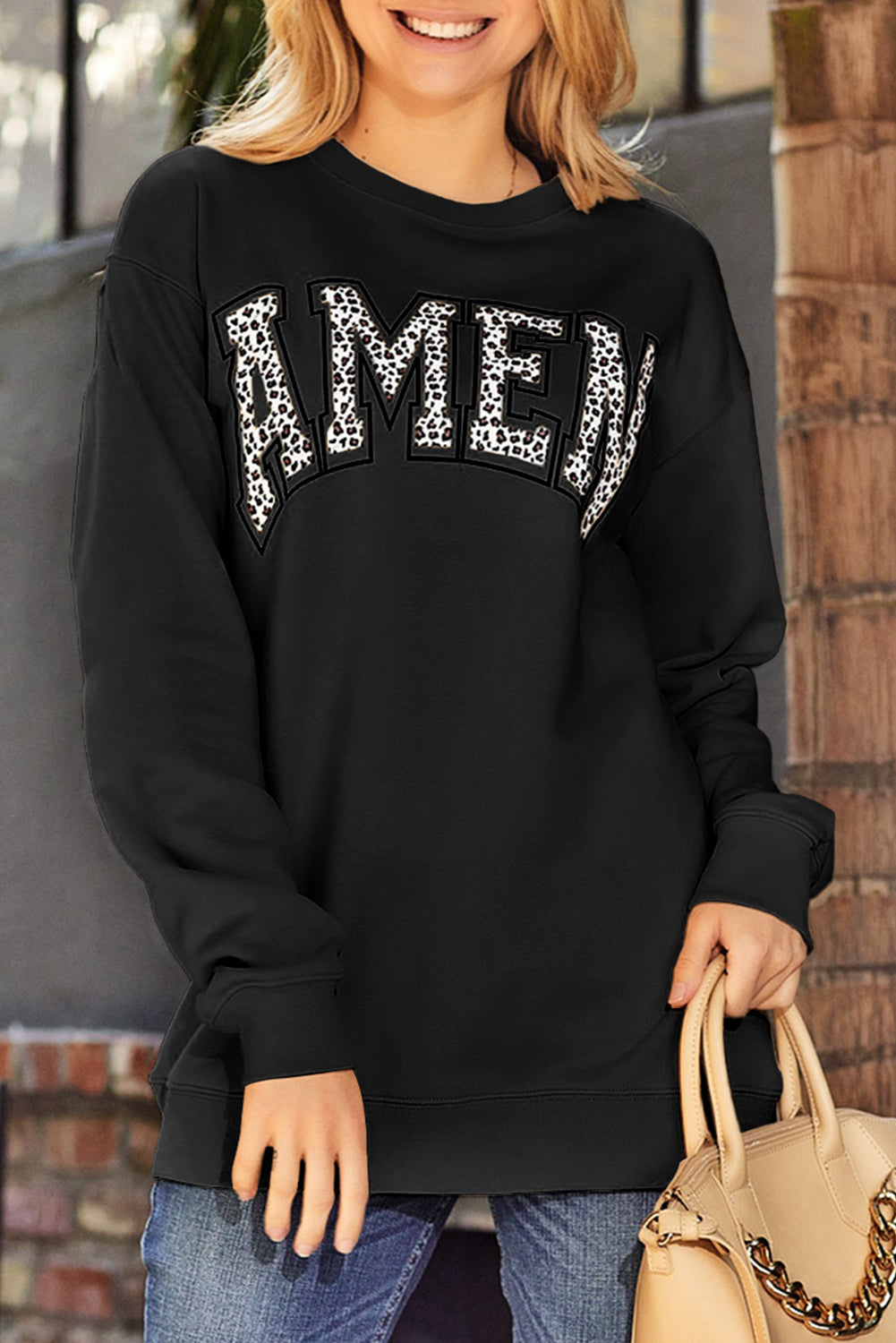 Pink AMEN Leopard Letter Print Oversized Pullover Sweatshirt