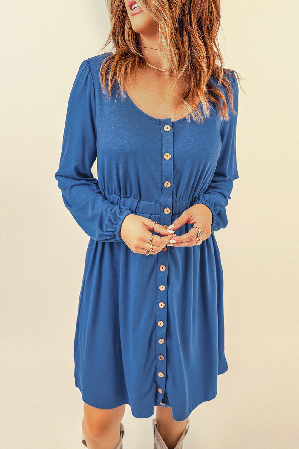 Orange Button Up High Waist Long Sleeve Dress