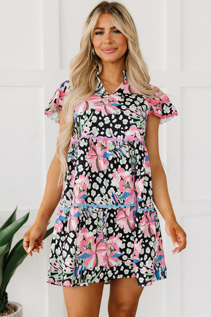 Pink Leopard Floral Print Wavy Embellished Mini Dress