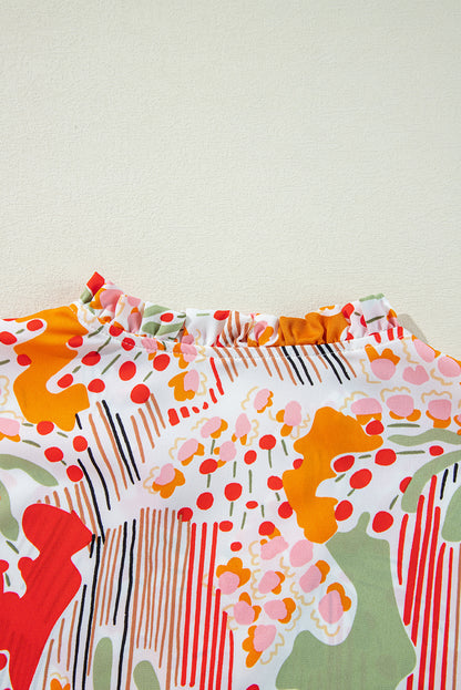 Orange Printed Floral Abstract Print Frilled V Neck Plus Size Blouse