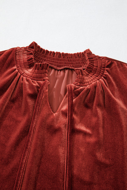 Cinnamon Velvet Smocked Neckline Puff Sleeve Shift Mini Dress