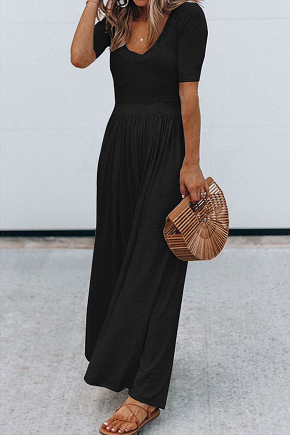 Black Short Sleeve Bodice Flowy Wide Leg Jumpsuit
