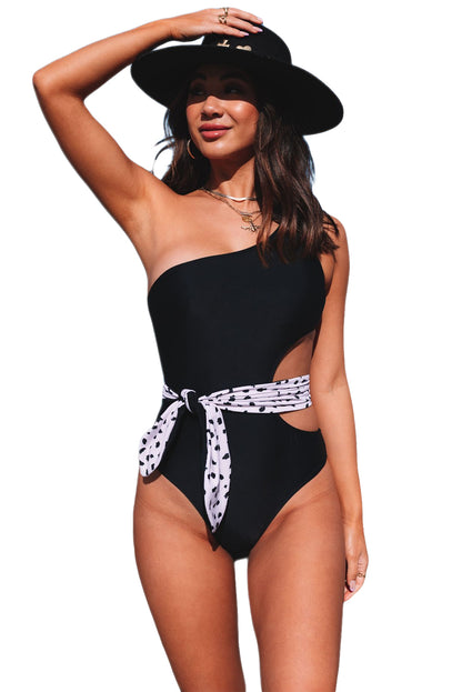Sky Blue Asymmetric Cutout Belted Printed One-piece Swimwear