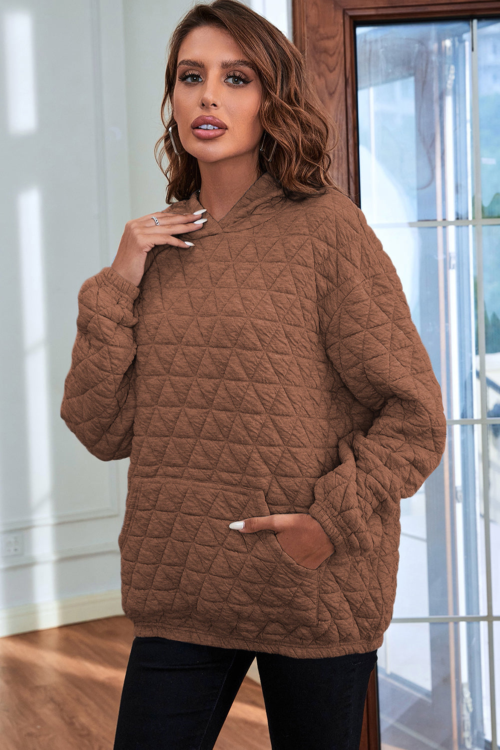 Light Grey Drop Shoulder Quilted Patchwork Kangaroo Pocket Hoodie