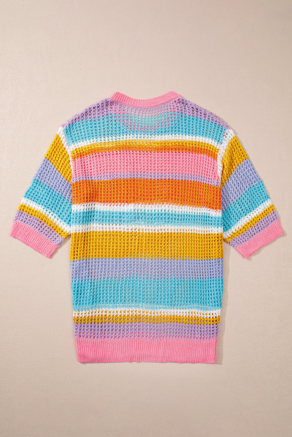 Pink Stripe Plus Size Open Knit Patch Pocket Short Sleeve Sweater