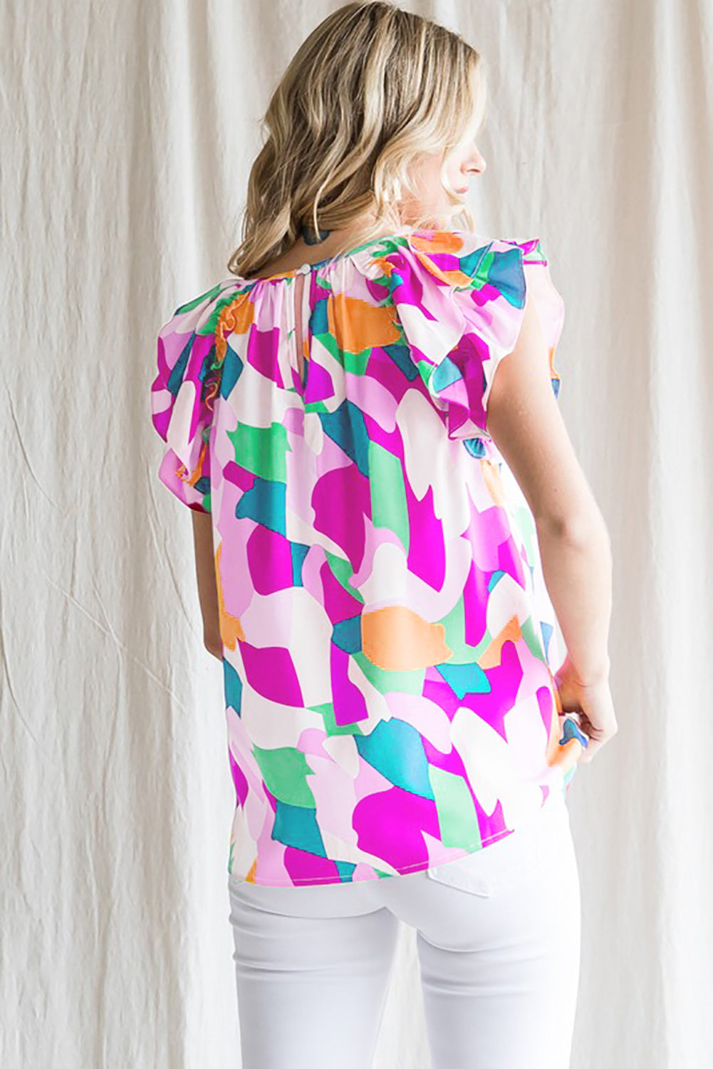 Blue Abstract Pattern Ruffle Short Sleeves Blouse