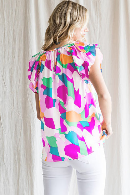 Blue Abstract Pattern Ruffle Short Sleeves Blouse