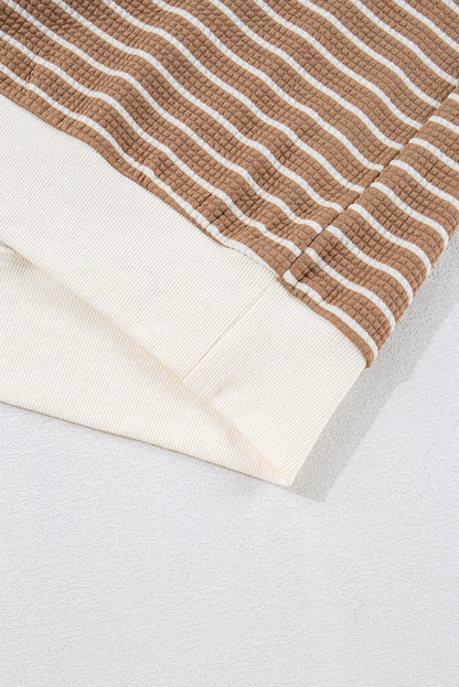 Khaki Stripe Patched Edge Textured Round Neck Long Sleeve Top