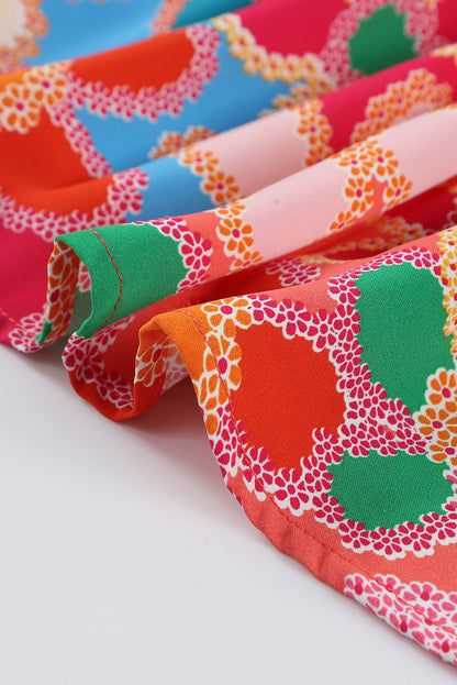 Multicolor Floral Print Smocked Square Neck Ruffles Blouse