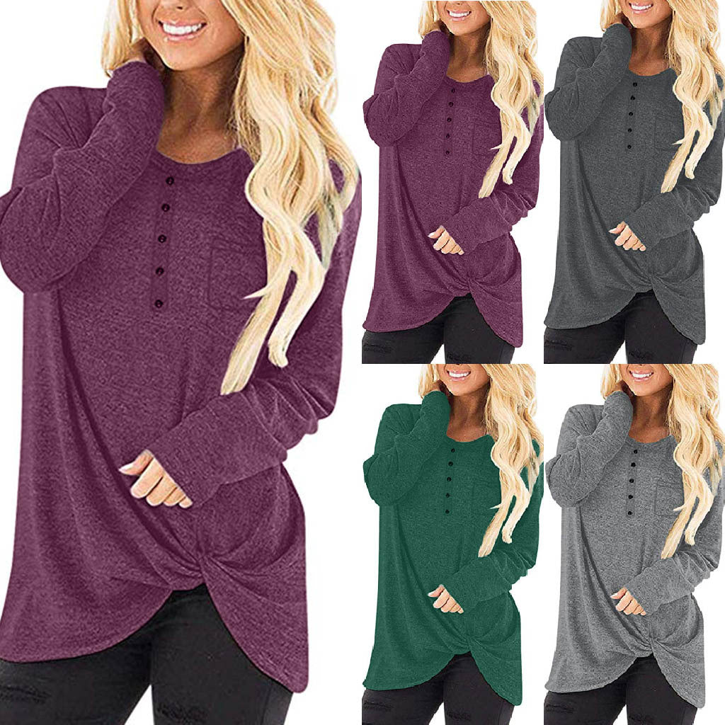 Solid Color Pullover Ladies Round Neck Pocket Long Sleeve Twisted Top
