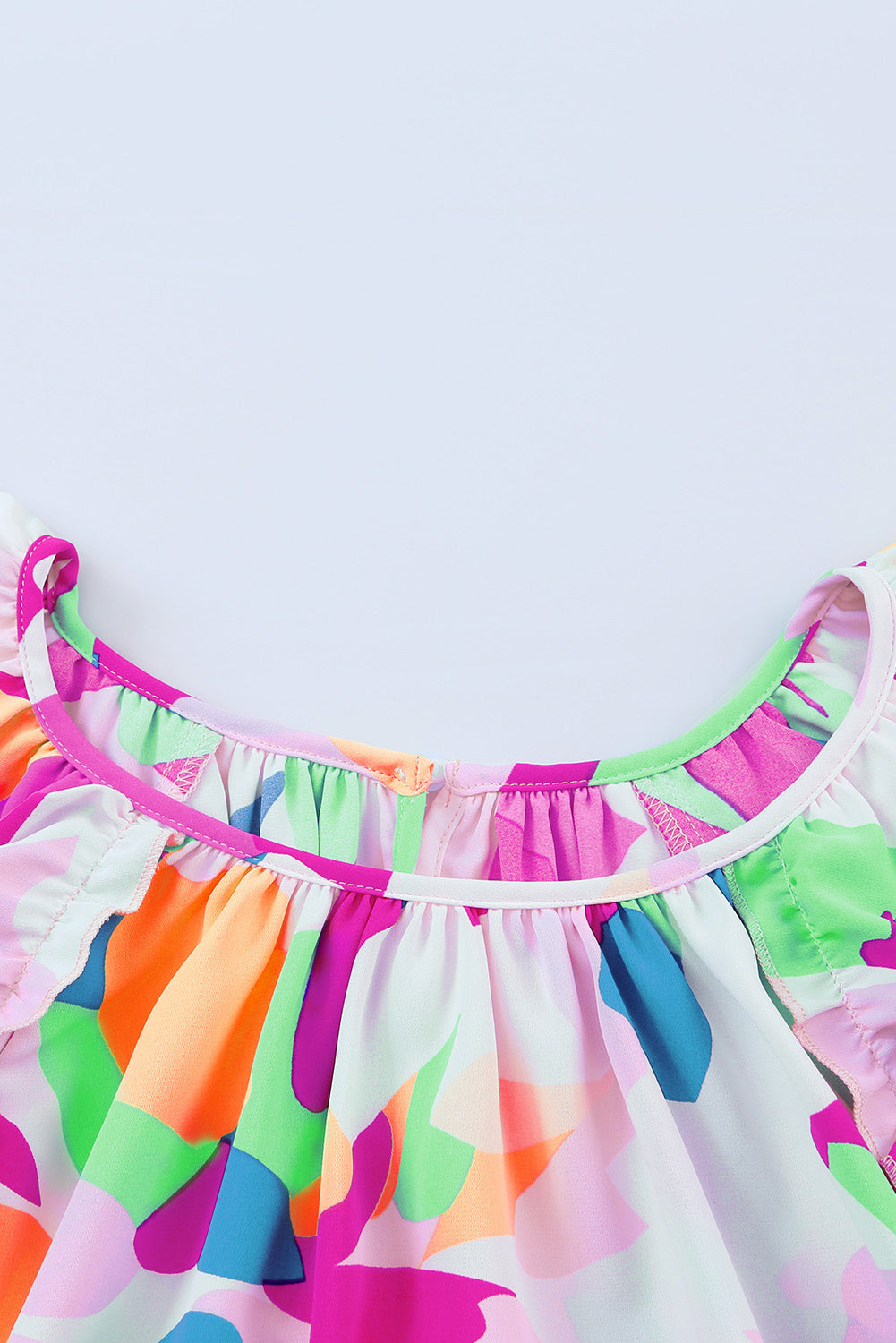 Blue Abstract Pattern Ruffle Short Sleeves Blouse