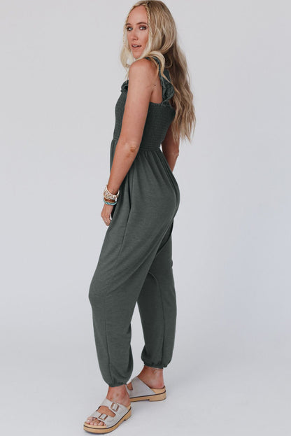 Gray Smocked Ruffled Straps High Waist Sleeveless Jumpsuit