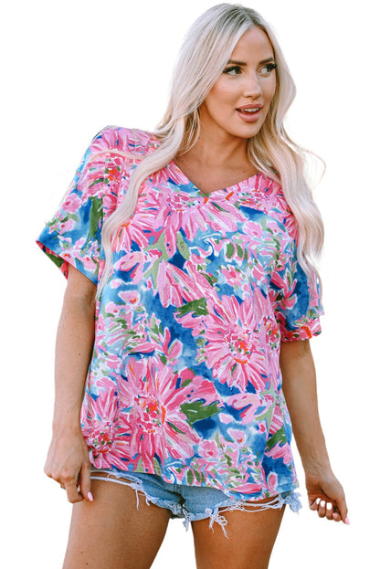 Pink Floral Print Buttoned V Neck Shirt
