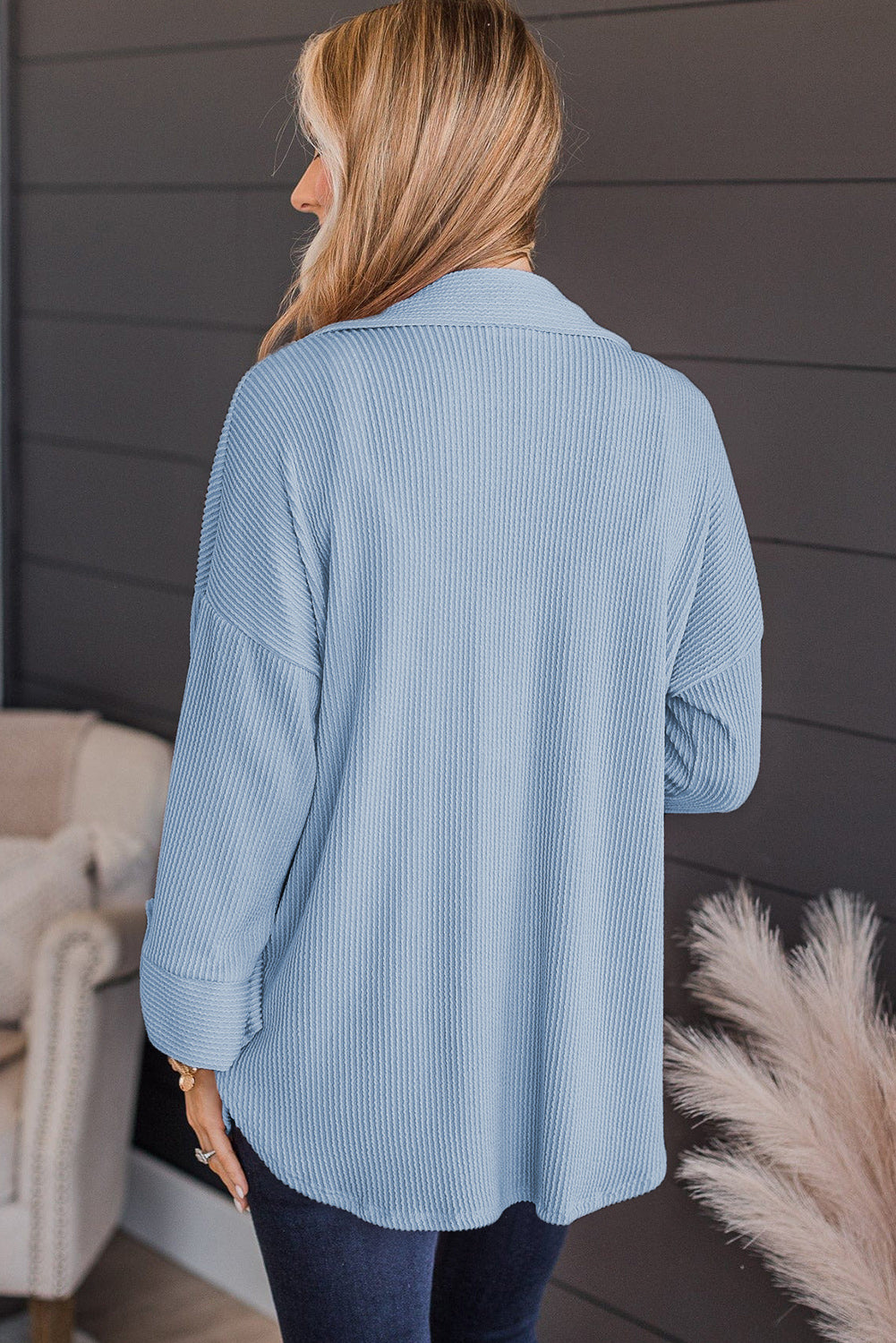 Sky Blue Roll Tab Sleeve Ribbed Cording Shacket