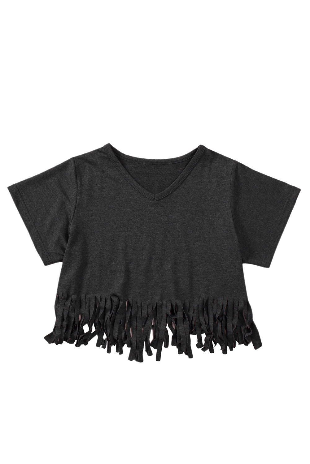 Red Fringe Hem V Neck T Shirt
