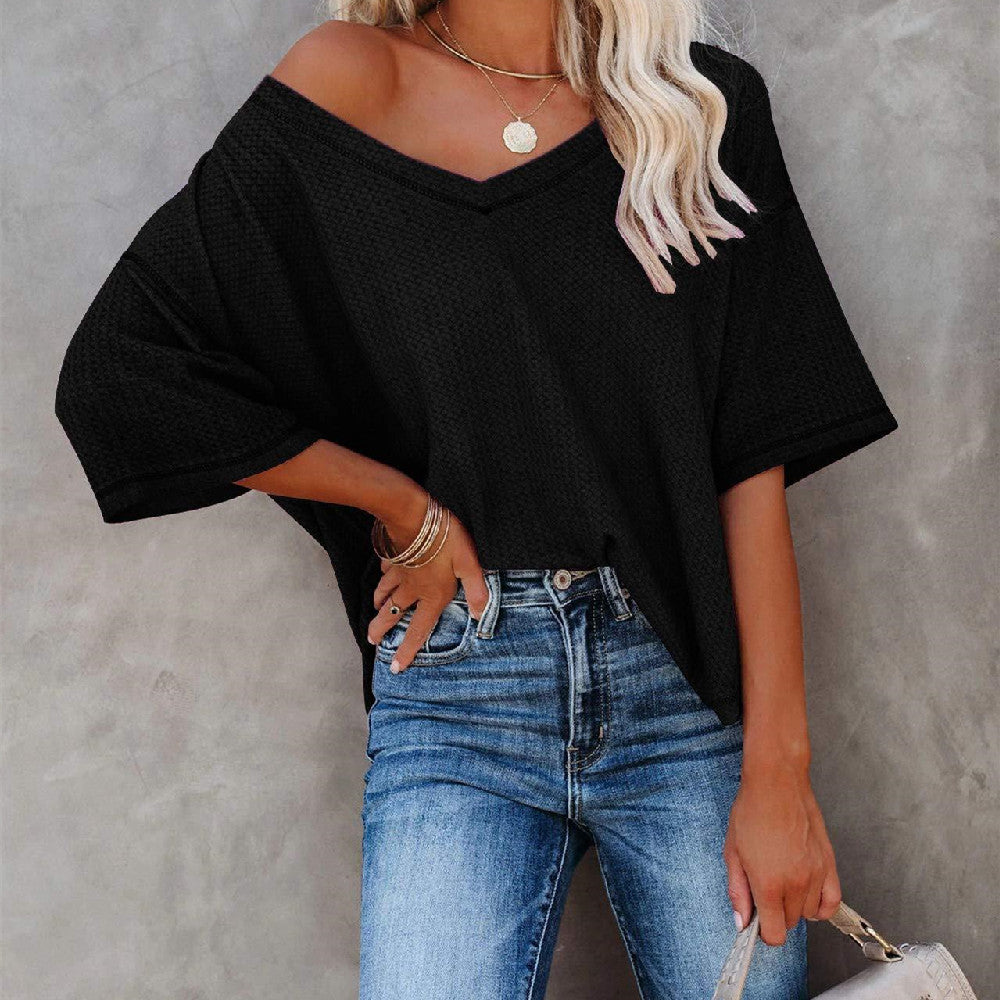 Solid Color Short Sleeve T-shirt Top Women's Clothing