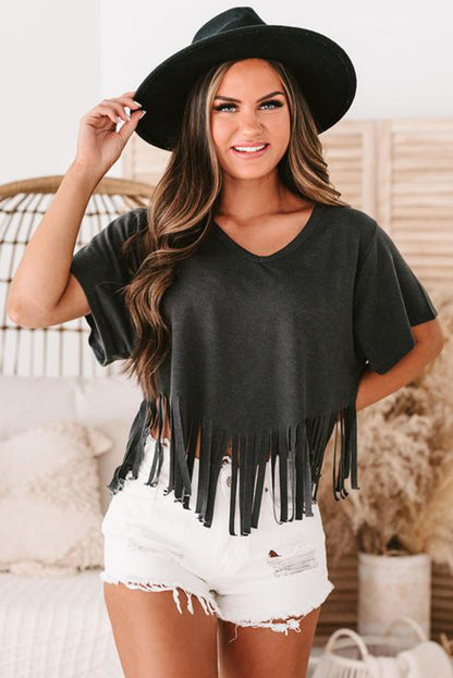 Red Fringe Hem V Neck T Shirt