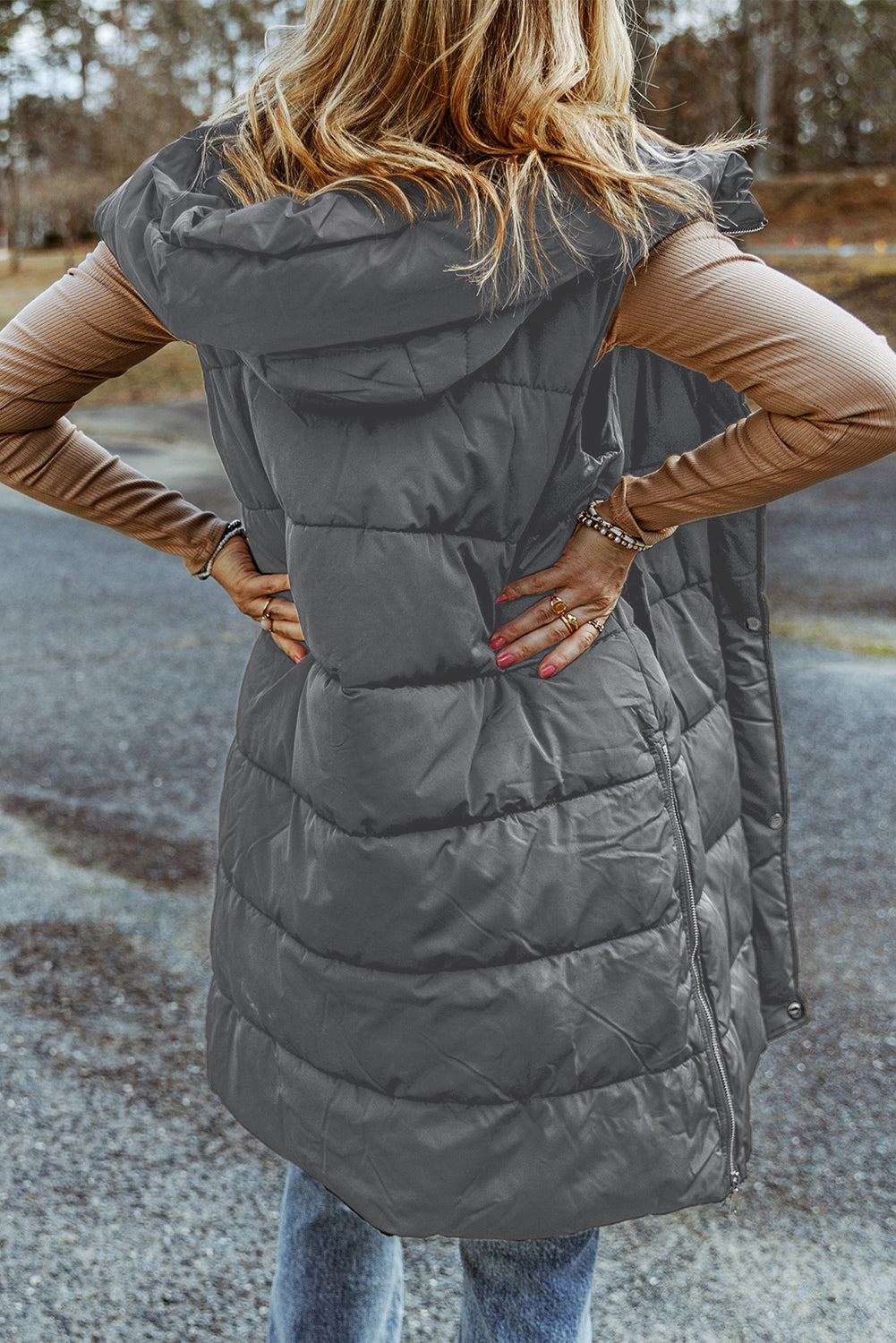 Chestnut Hooded Long Quilted Vest Coat