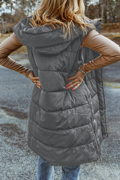 Chestnut Hooded Long Quilted Vest Coat