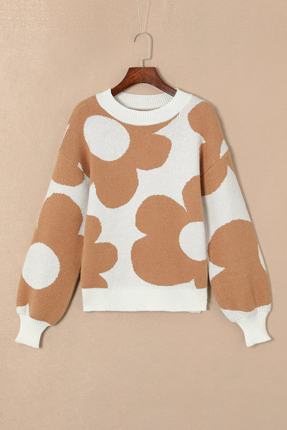 Camel Flower Pattern Slouchy Sweater