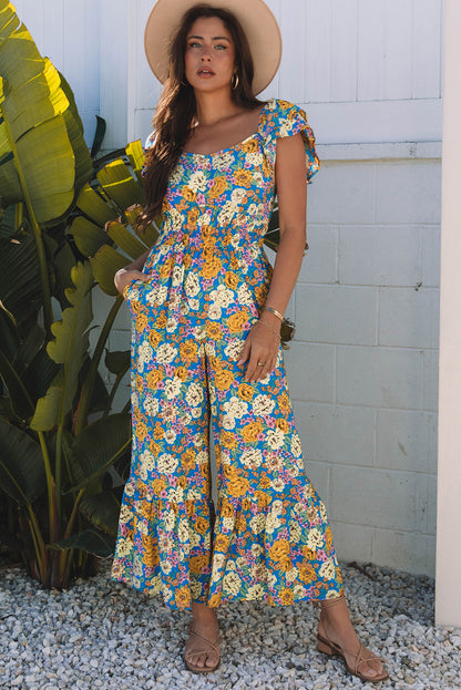 Yellow Floral Allover Print Shirred Cut Out High Waist Jumpsuit