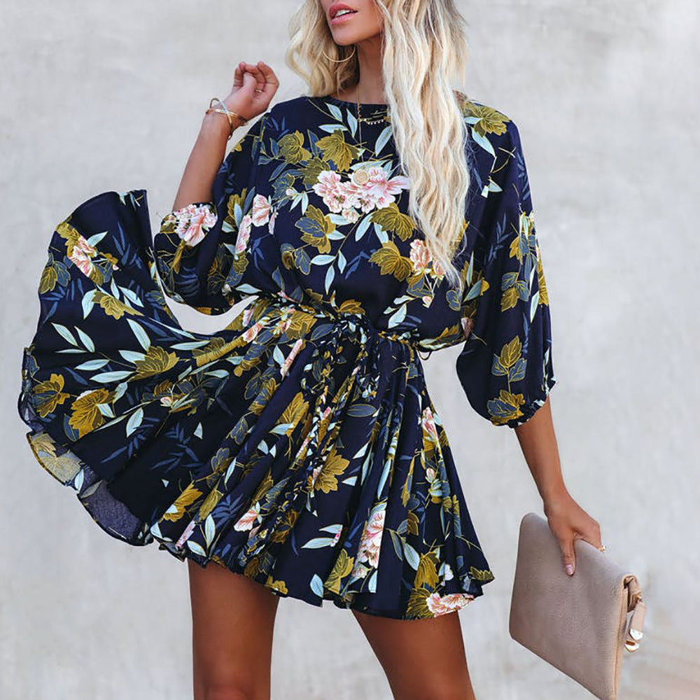 Fashion Flower Round Neck Three-quarter Sleeve Casual Swing Dress