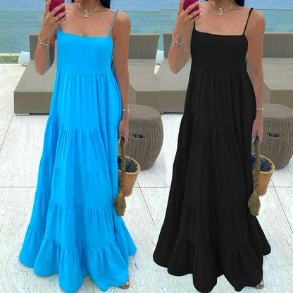 Loose Solid Color Suspender Dress Women's Clothing