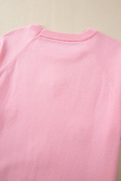 Pink Flower Pattern Short Sleeve Knitted Top