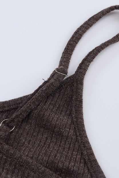 Black Buttoned Ribbed Knit Sleeveless Midi Bodycon Dress with Slit