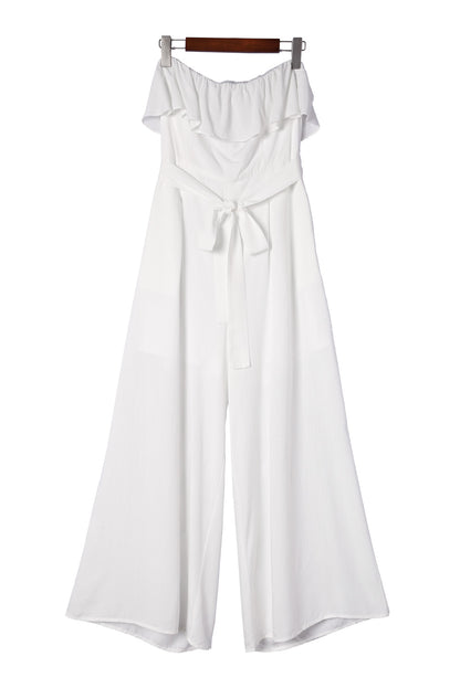 White Ruffled Bandeau Wide Leg Jumpsuit