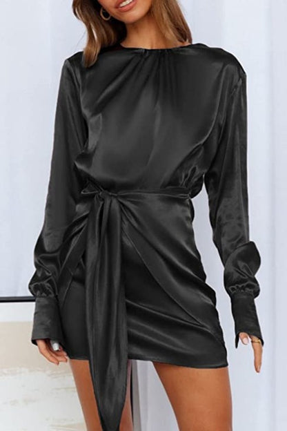 Women's Long Sleeve Round Neck Elastic Lace-up Satin Dress