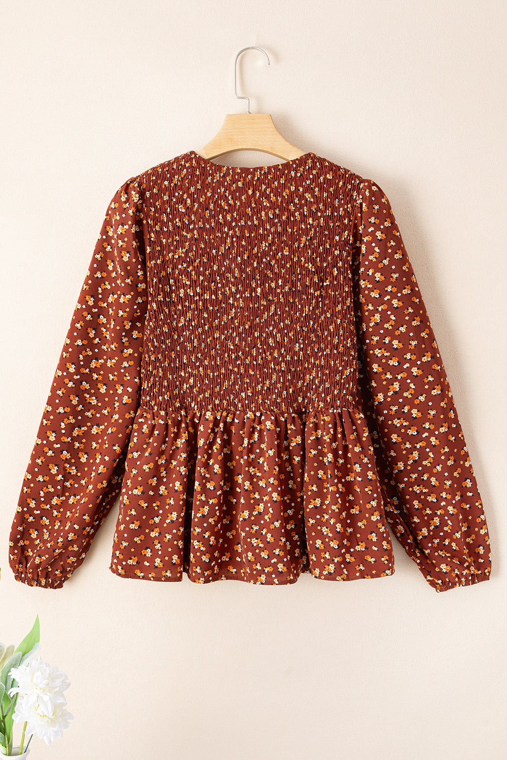 Brown Floral Smocked Bodice Mini Dress
