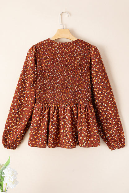 Brown Floral Smocked Bodice Mini Dress