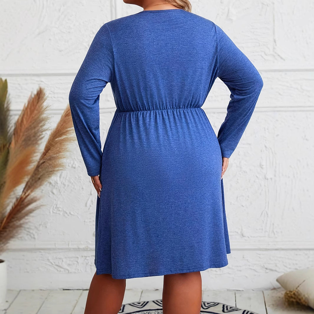 Womens V-neck Long-sleeve Knit Dress With Lace-trimmed Neckline