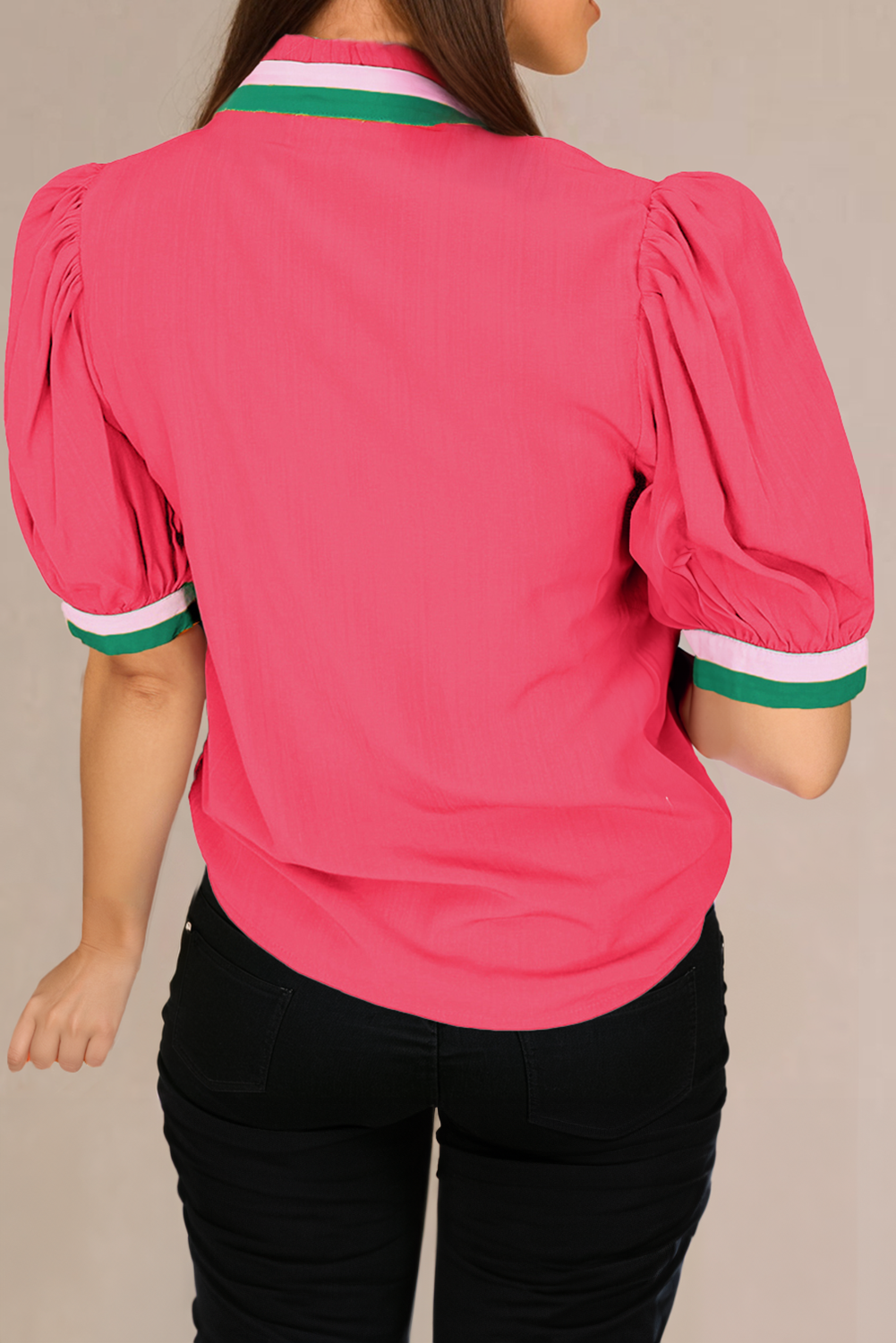 Carrot Colorful Trim V Neck Short Sleeve Blouse