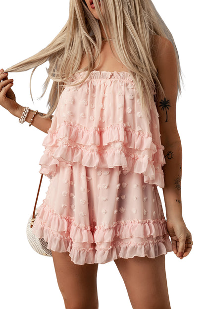 Pink Swiss Dot Frill Tiered Strapless Romper