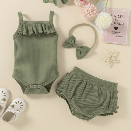 Children's Clothing Baby Solid Color Three-piece Set Sunken Stripe Strap Lace Multi-layer Edge Romper