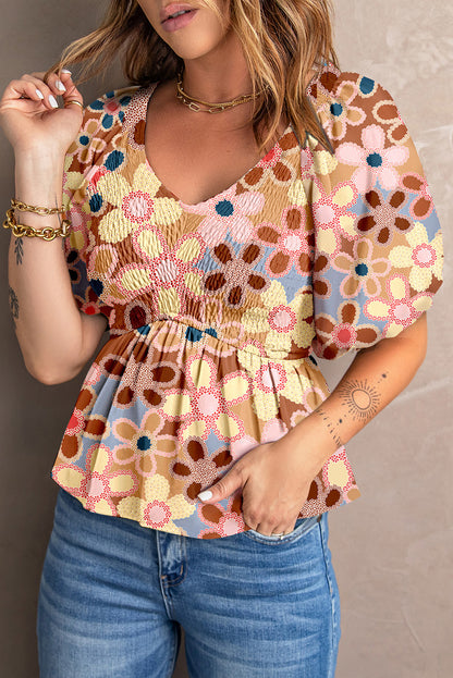 Multicolor Floral Print Bubble Sleeve Shirt