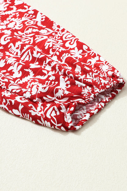 Russet Orange Floral Print Smocked Tie Neck Blouse