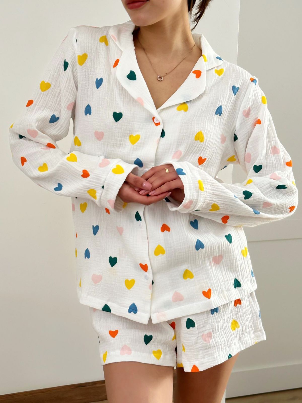 Women's Temperament Leisure Heart Printing Long-sleeved Shirt And Shorts Suit